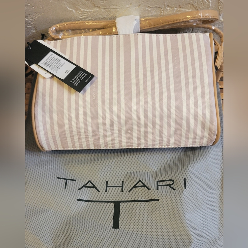 Tahari Vegan Leather Striped Logo Barrel NWT - Picture 3 of 7